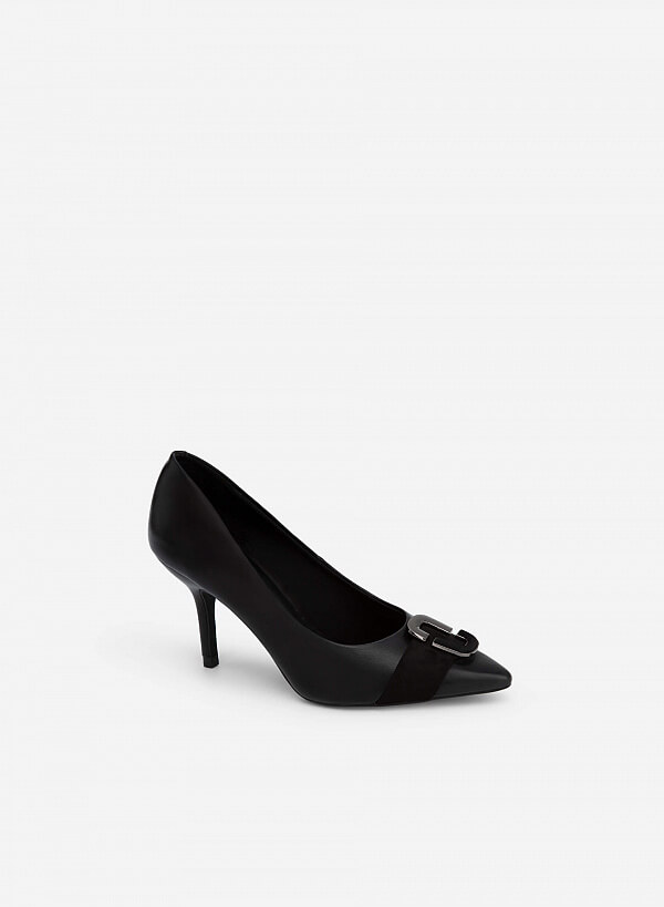 Giày Cao Gót Đính Khóa Kim Loại Phối Nubuck - BMN 0493 - Màu Đen