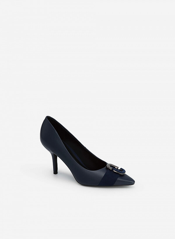 Giày Cao Gót Đính Khóa Kim Loại Phối Nubuck - BMN 0493 - Màu Xanh Navy