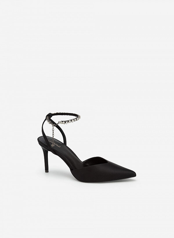 Giày Ankle Strap Satin Quai Đính Đá Phối Xích - BMN 0522 - Màu Đen