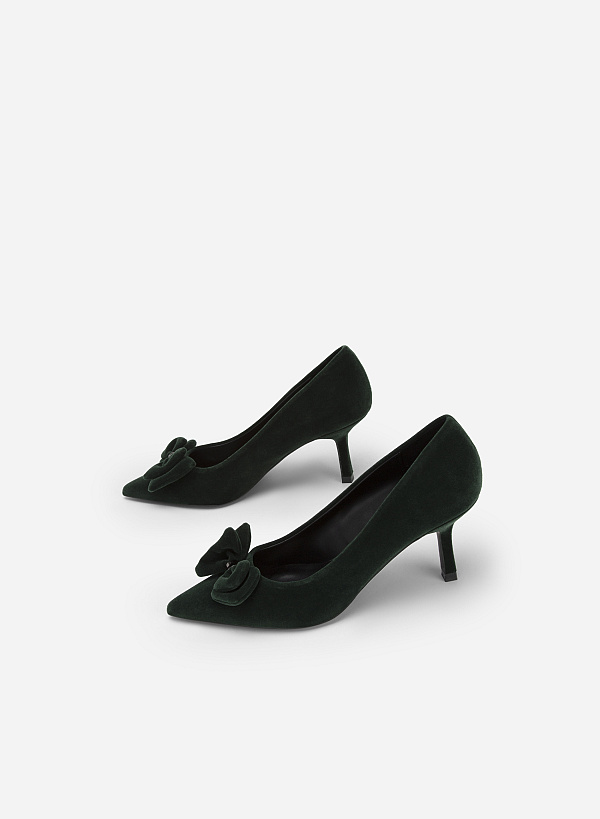 Giày Bít Mũi Nhọn Velvet Đính Nơ - BMN 0565 - Màu Xanh Rêu - VASCARA