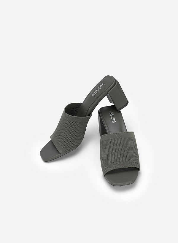 Knitted Canvas Strap Block Heel Mules - MUL 0177 - Gray - VASCARA