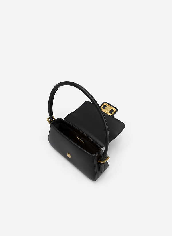 Geometric Lock Belt Handle Premium Hobo Bag - SAC 0311 - Black - VASCARA