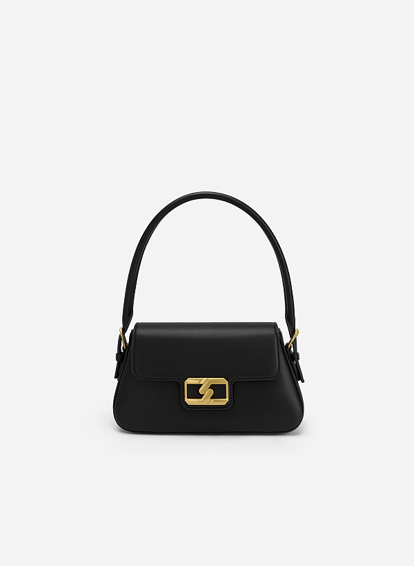 Geometric Lock Belt Handle Premium Hobo Bag - SAC 0311 - Black