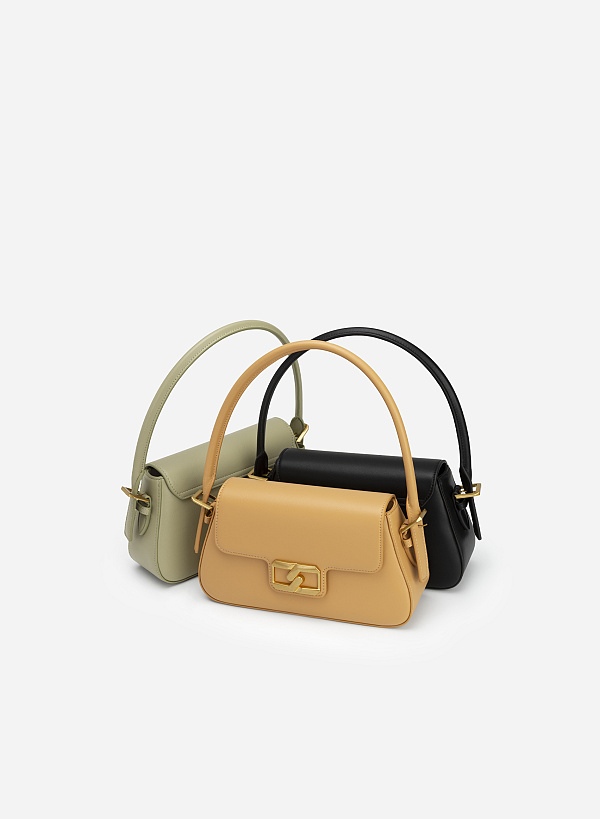 Geometric Lock Belt Handle Premium Hobo Bag - SAC 0311 - Brown - VASCARA