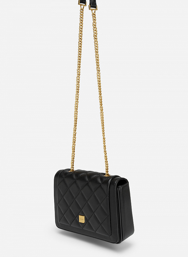 Túi đeo chéo họa tiết caro chần bông quai xích - SHO 0203 - Màu đen - VASCARA