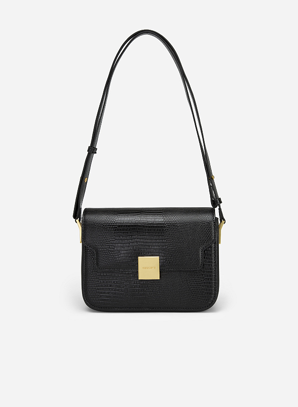 Square Lock Lizard-effect Flap Crossbody Bag - MES 0206 - Dark Yellow |  VASCARA