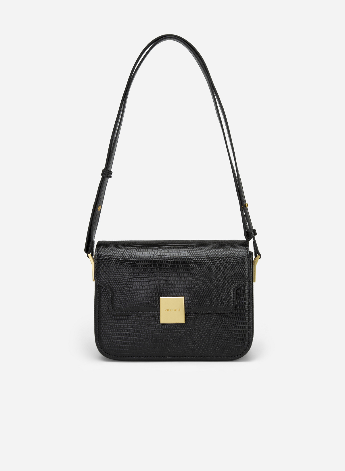 Square Lock Lizard-effect Flap Crossbody Bag - MES 0206 - Black - vascara.com