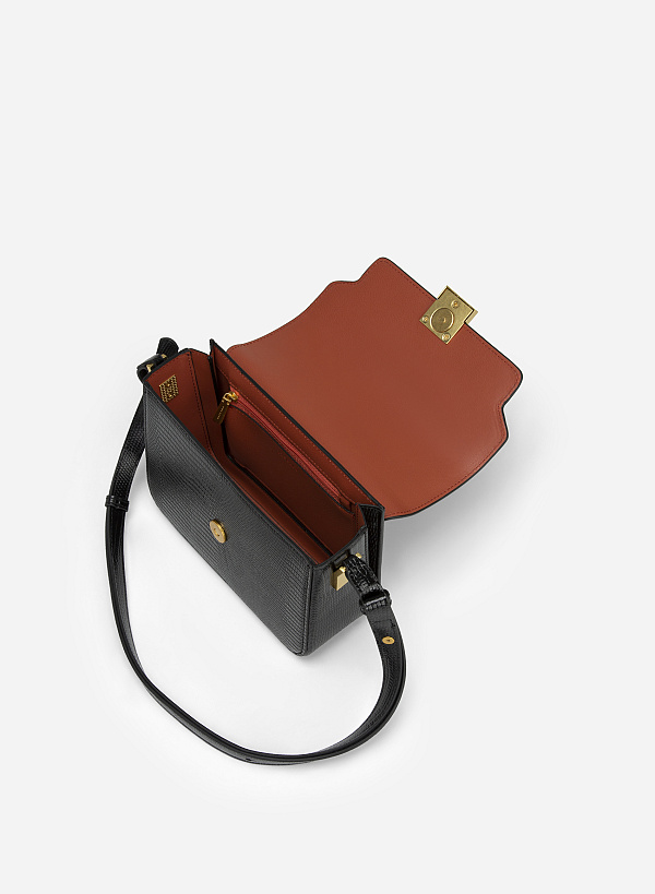 Square Lock Lizard-effect Flap Crossbody Bag - MES 0206 - Black - VASCARA