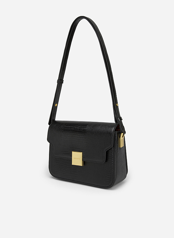 Square Lock Lizard-effect Flap Crossbody Bag - MES 0206 - Black - VASCARA