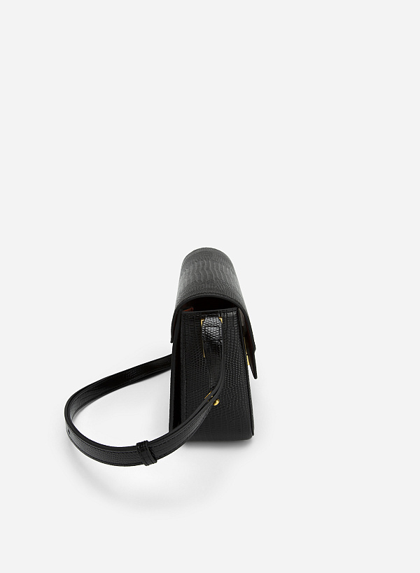 Square Lock Lizard-effect Flap Crossbody Bag - MES 0206 - Black - VASCARA