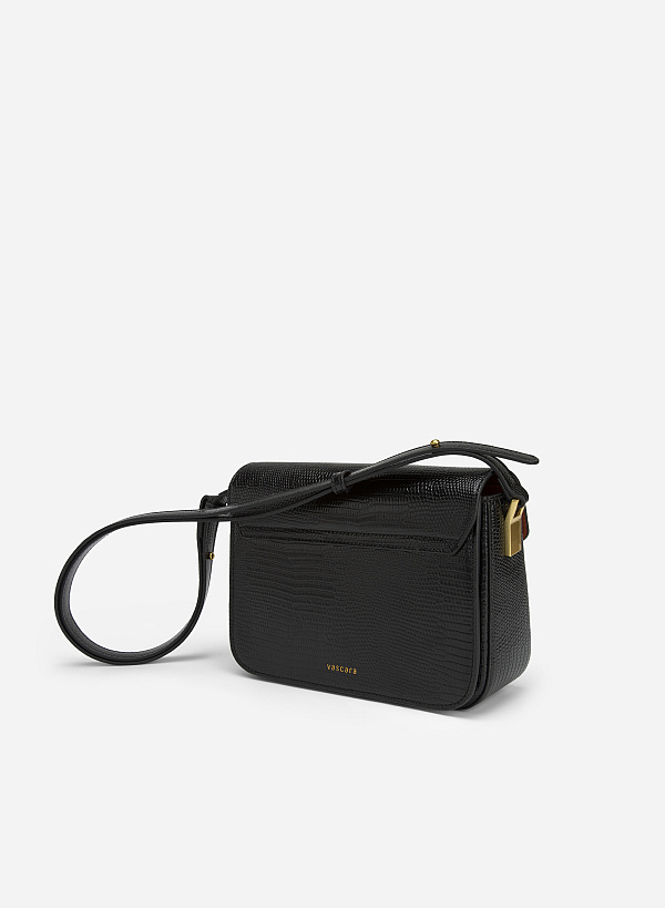 Square Lock Lizard-effect Flap Crossbody Bag - MES 0206 - Black - VASCARA