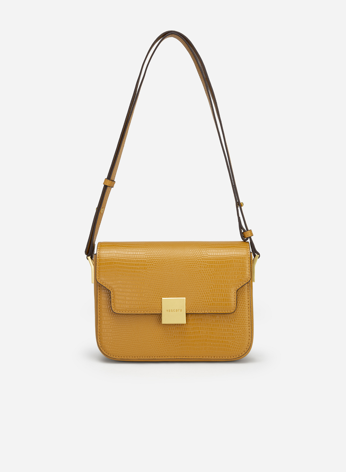 Square Lock Lizard-effect Flap Crossbody Bag - MES 0206 - Dark Yellow - vascara.com