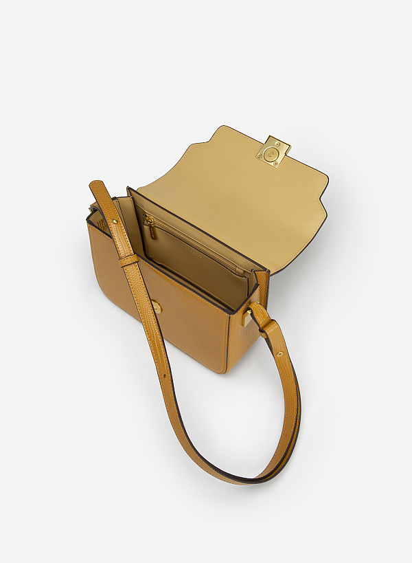 Square Lock Lizard-effect Flap Crossbody Bag - MES 0206 - Dark Yellow - VASCARA