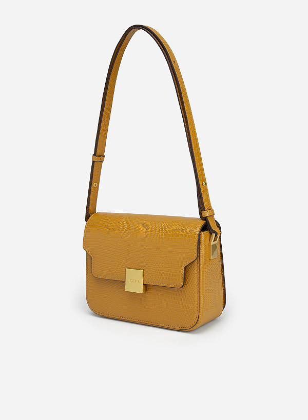 Square Lock Lizard-effect Flap Crossbody Bag - MES 0206 - Dark Yellow - VASCARA