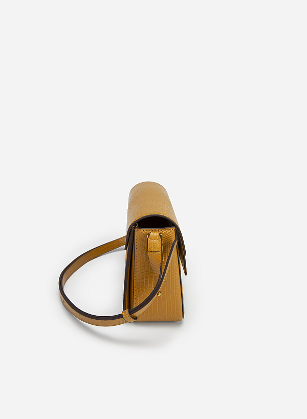 Square Lock Lizard-effect Flap Crossbody Bag - MES 0206 - Dark Yellow - VASCARA