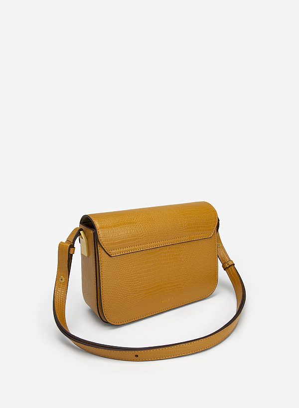 Square Lock Lizard-effect Flap Crossbody Bag - MES 0206 - Dark Yellow - VASCARA