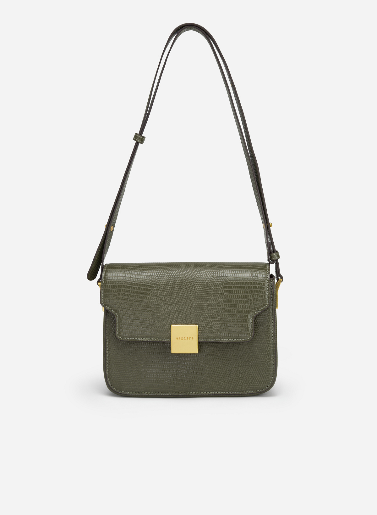 Square Lock Lizard-effect Flap Crossbody Bag - MES 0206 - Dark Green - vascara.com