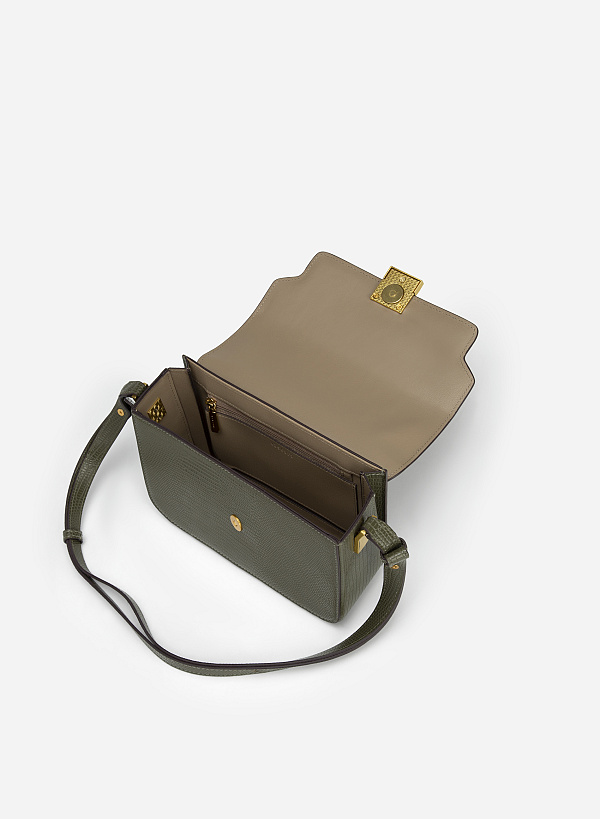 Square Lock Lizard-effect Flap Crossbody Bag - MES 0206 - Dark Green - VASCARA
