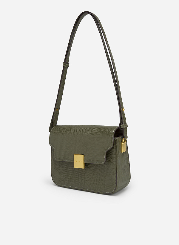 Square Lock Lizard-effect Flap Crossbody Bag - MES 0206 - Dark Green - VASCARA
