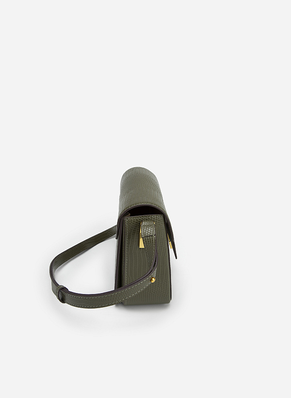 Square Lock Lizard-effect Flap Crossbody Bag - MES 0206 - Dark Green - VASCARA