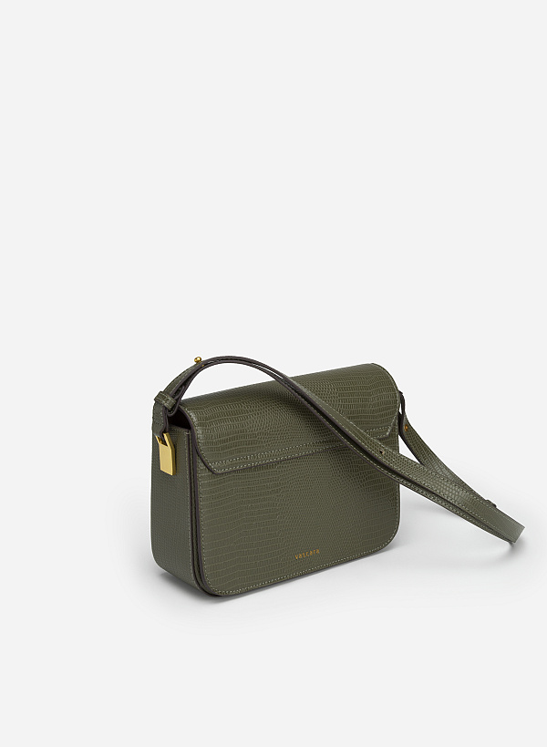 Square Lock Lizard-effect Flap Crossbody Bag - MES 0206 - Dark Green - VASCARA