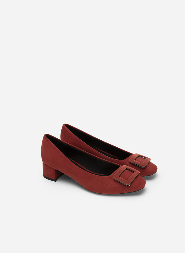 Square Lock Décor Block Heel Ballerinas - HIG 0529 - Bordeaux - VASCARA