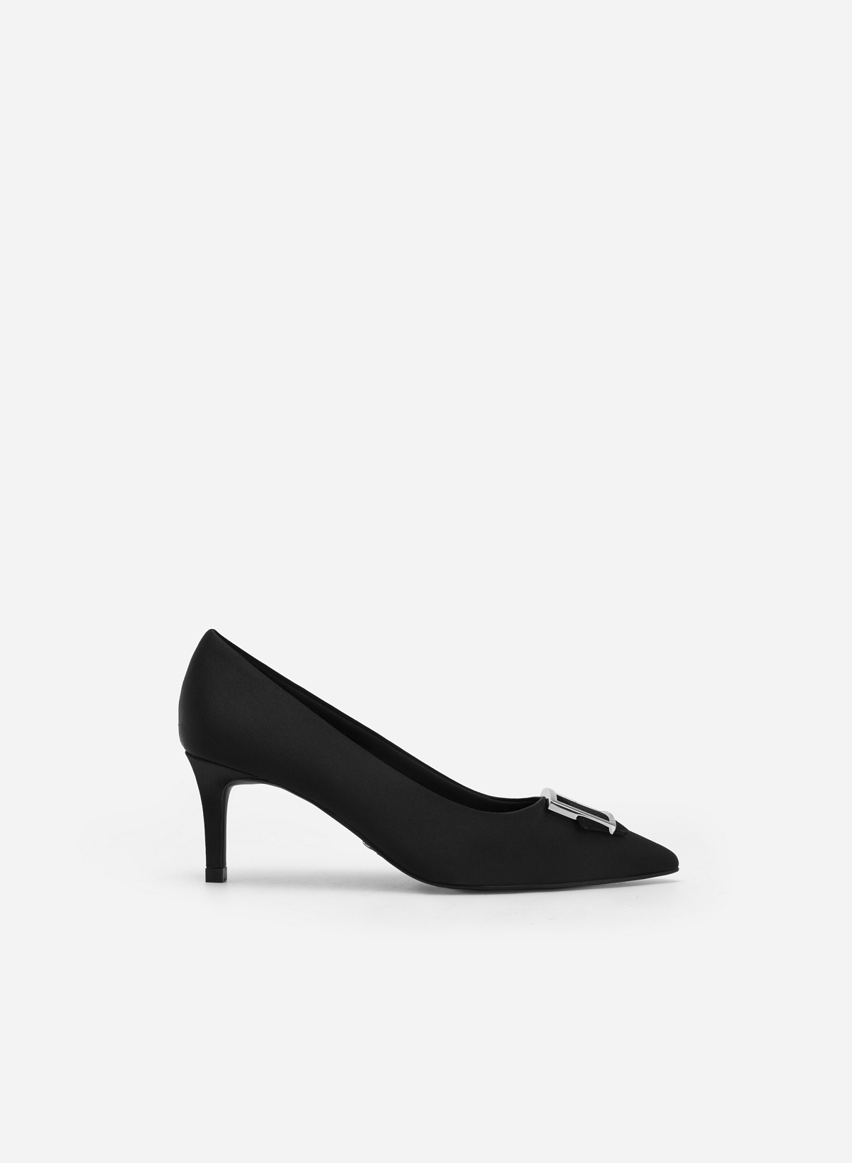 Square Velvet-mixed Lock Décor Satin Pointed Toe Pumps - HIG 0532 - Black - vascara.com