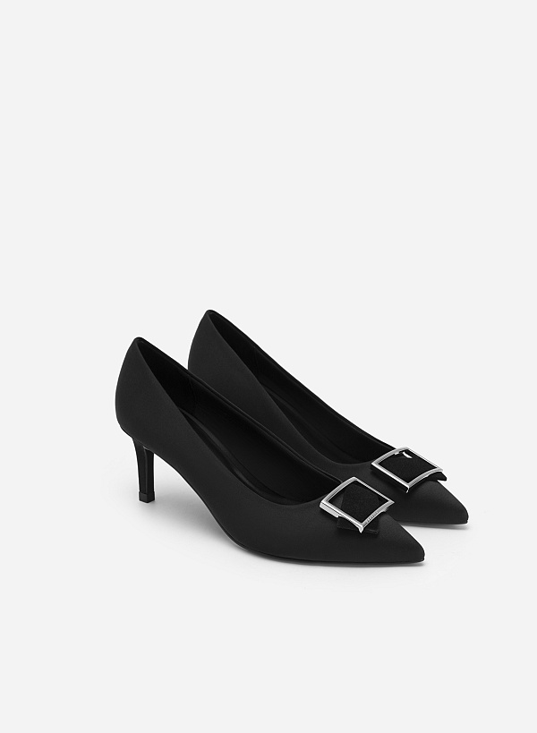 Square Velvet-mixed Lock Décor Satin Pointed Toe Pumps - HIG 0532 - Black - VASCARA