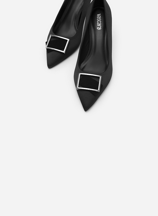 Square Velvet-mixed Lock Décor Satin Pointed Toe Pumps - HIG 0532 - Black - VASCARA