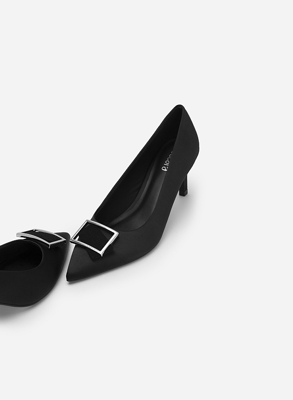 Square Velvet-mixed Lock Décor Satin Pointed Toe Pumps - HIG 0532 - Black - VASCARA