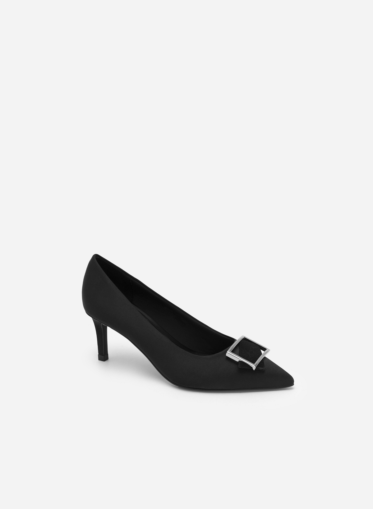 Square Velvet-mixed Lock Décor Satin Pointed Toe Pumps - HIG 0532 - Black - vascara.com