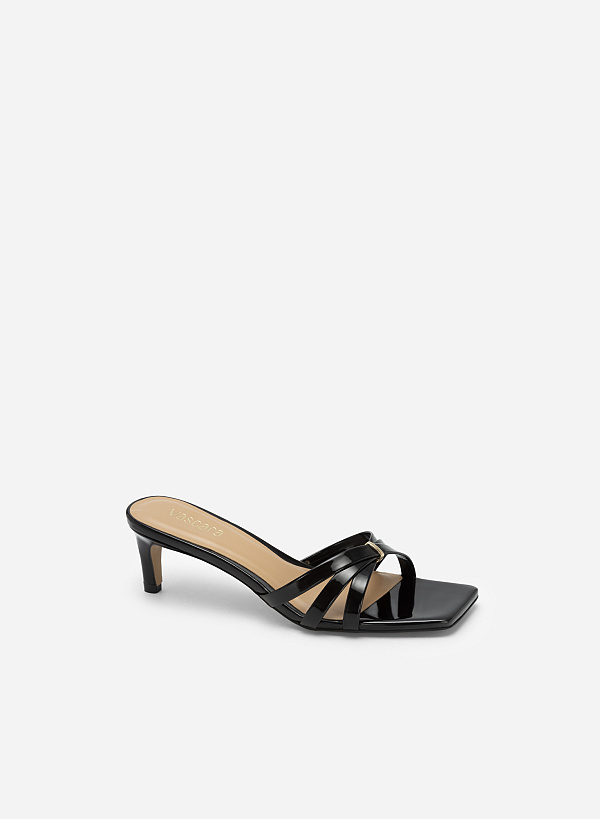 Cross Strap Cuban Heel Square Toe Mule Sandals - MUL 0165 - Black