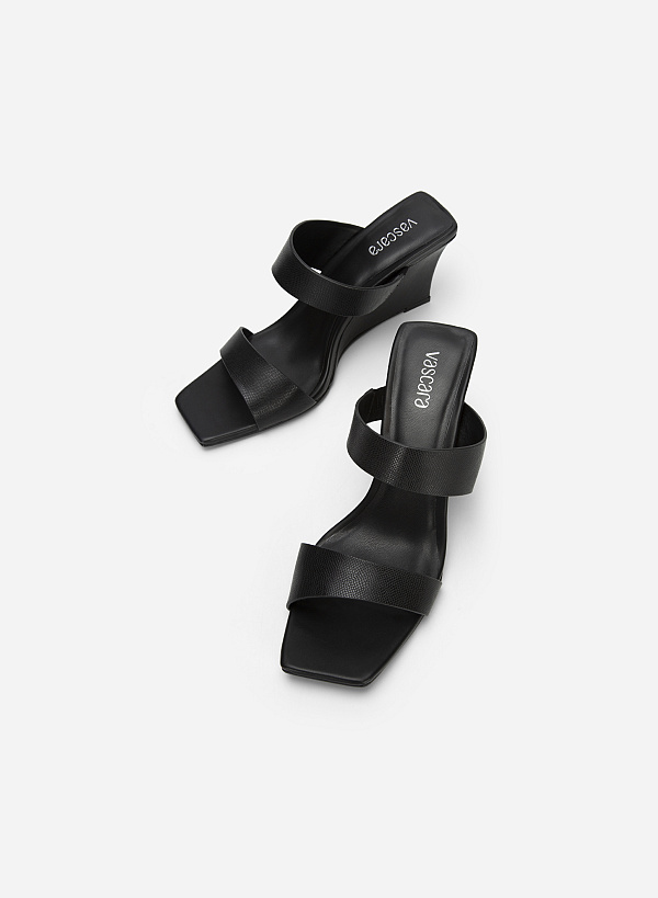 Double Strap Wedge Heel Lizard-effect Mules - GXG 0053 - Black - VASCARA