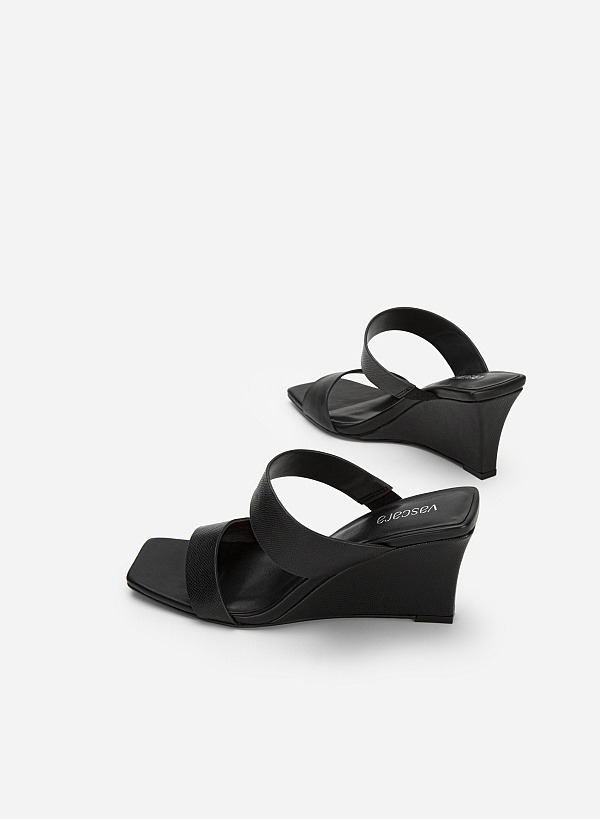 Double Strap Wedge Heel Lizard-effect Mules - GXG 0053 - Black - VASCARA