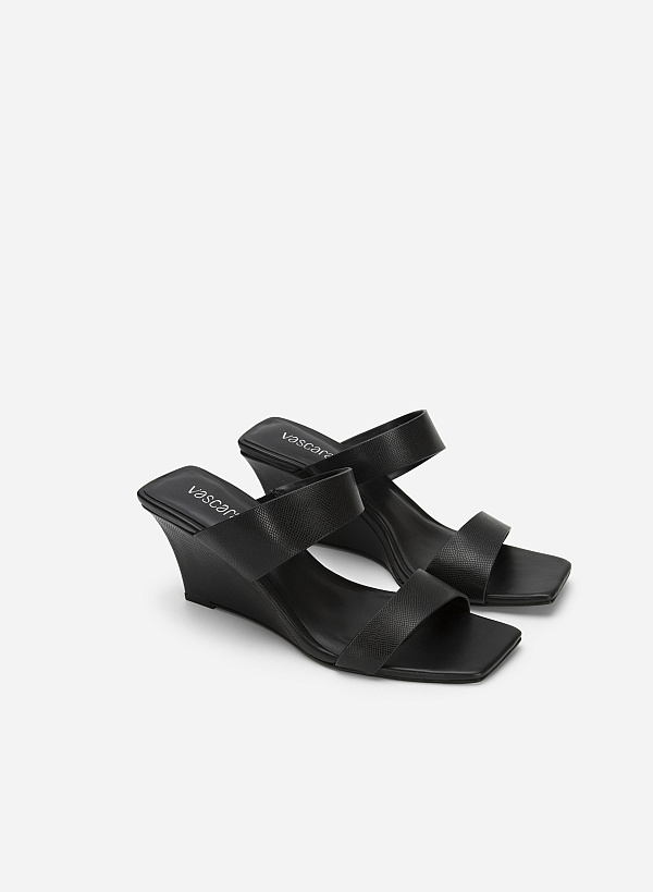 Double Strap Wedge Heel Lizard-effect Mules - GXG 0053 - Black - VASCARA