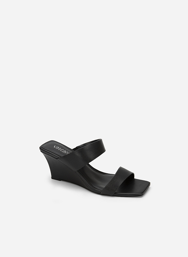 Double Strap Wedge Heel Lizard-effect Mules - GXG 0053 - Black - VASCARA