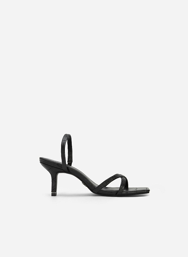 Cross Strap Square Toe Croc-effect Sandals - PUM 0715 - Black