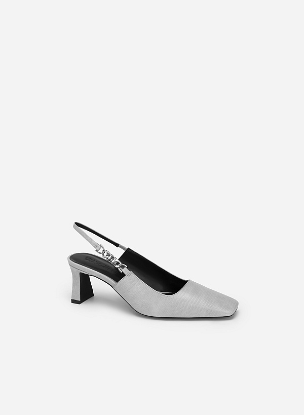 Giày slingback vân kỳ đà quai phối dây xích