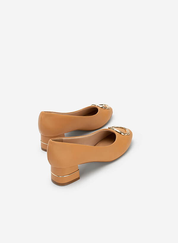 Metallic Lock Décor Block Heel Round Toe Ballerinas - HIG 0517 - Light Brown - VASCARA