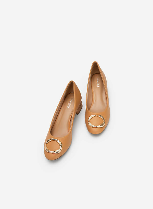 Metallic Lock Décor Block Heel Round Toe Ballerinas - HIG 0517 - Light Brown - VASCARA