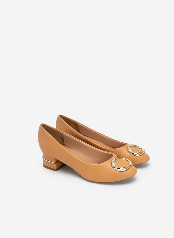 Metallic Lock Décor Block Heel Round Toe Ballerinas - HIG 0517 - Light Brown - VASCARA
