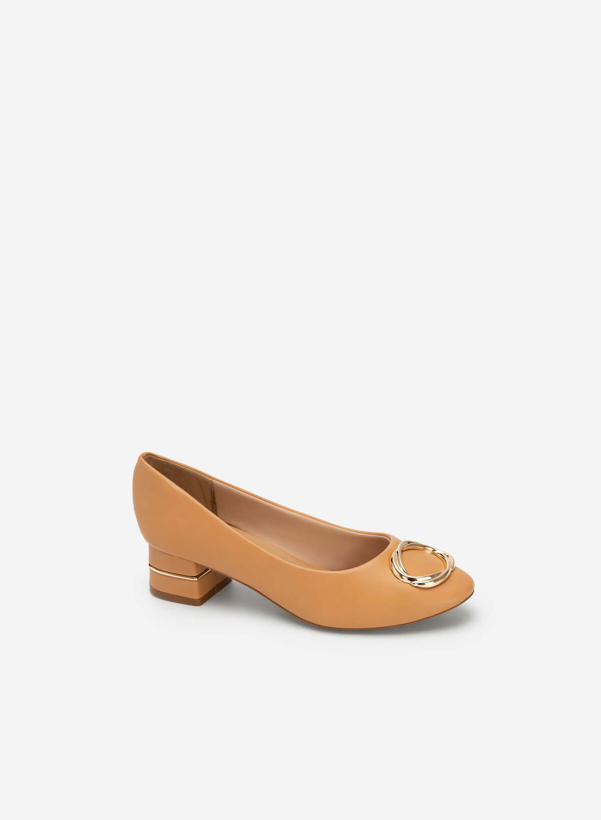 Metallic Lock Décor Block Heel Round Toe Ballerinas - HIG 0517 - Light Brown - vascara.com