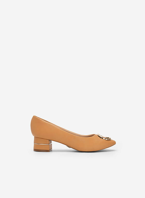 Metallic Lock Décor Block Heel Round Toe Ballerinas - HIG 0517 - Light Brown - VASCARA