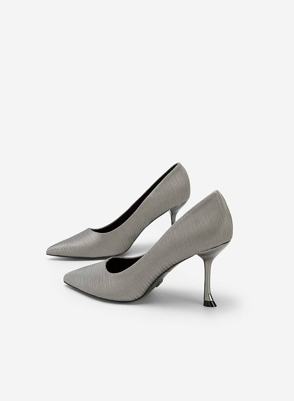 Metallic Spool Heel Crinkle Satin Pumps - HIG 0521 - Gray - VASCARA