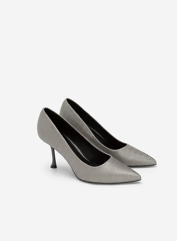 Metallic Spool Heel Crinkle Satin Pumps - HIG 0521 - Gray - VASCARA