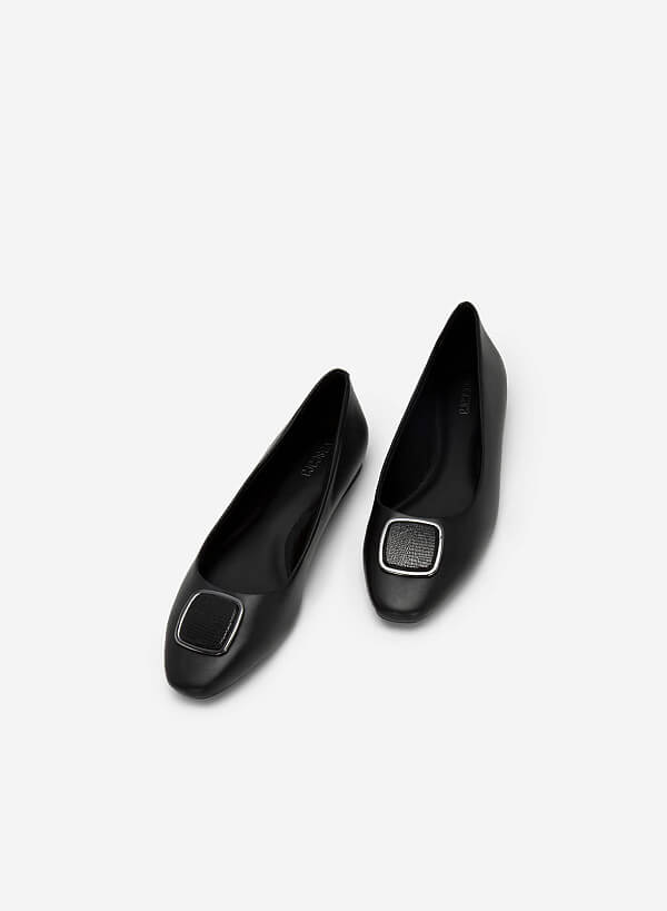 Square Lizard-effect Metallic Edge Lock Ballerinas - SLI 0425 - Black - VASCARA