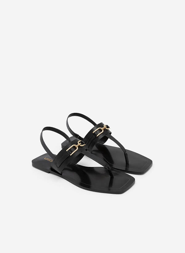 Chain Décor T-Strap Square Toe Sandals - SDL 0326 - Black - VASCARA