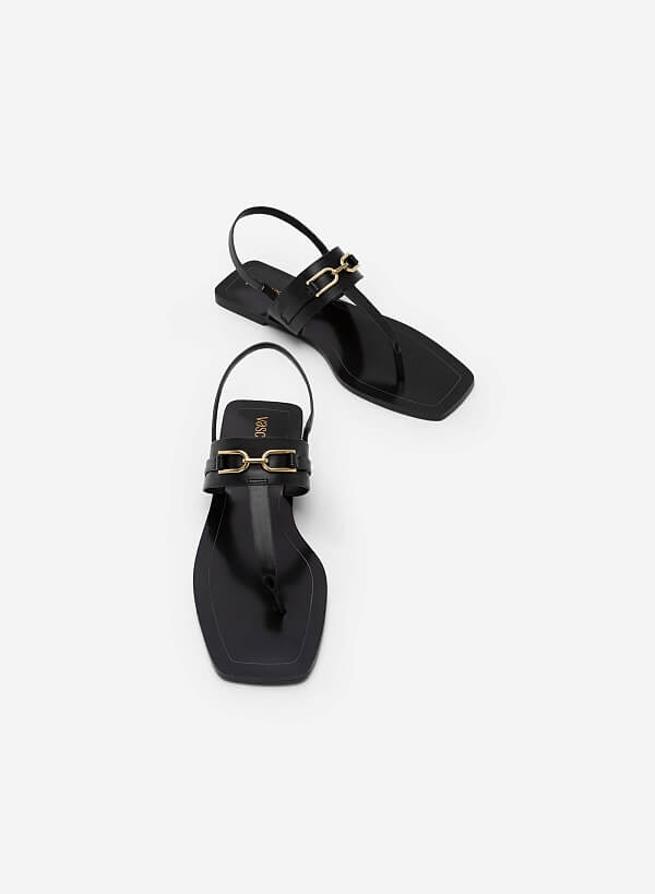 Chain Décor T-Strap Square Toe Sandals - SDL 0326 - Black - VASCARA
