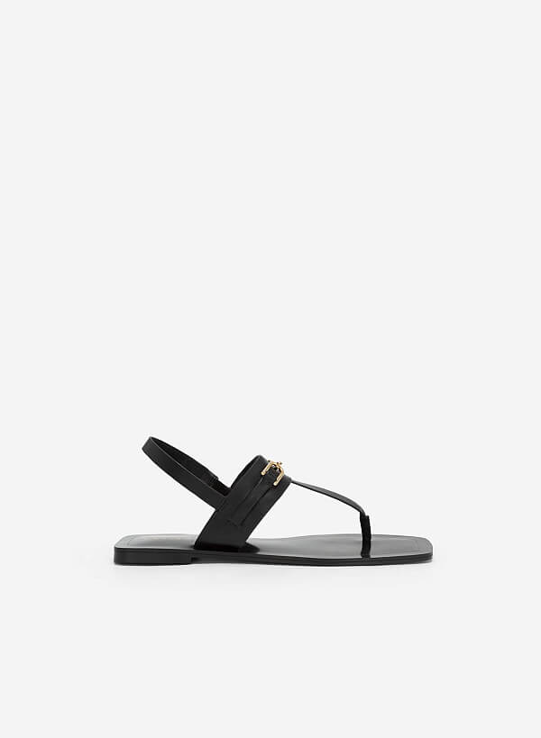 Chain Décor T-Strap Square Toe Sandals - SDL 0326 - Black - VASCARA
