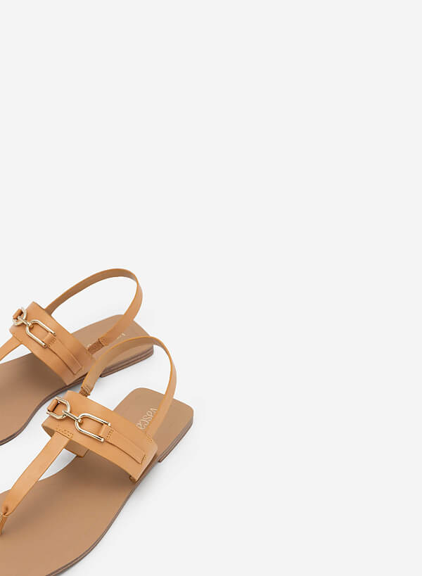 Chain Décor T-Strap Square Toe Sandals - SDL 0326 - Light Brown - VASCARA
